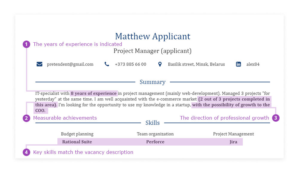 Summary of position and purpose in the resume.